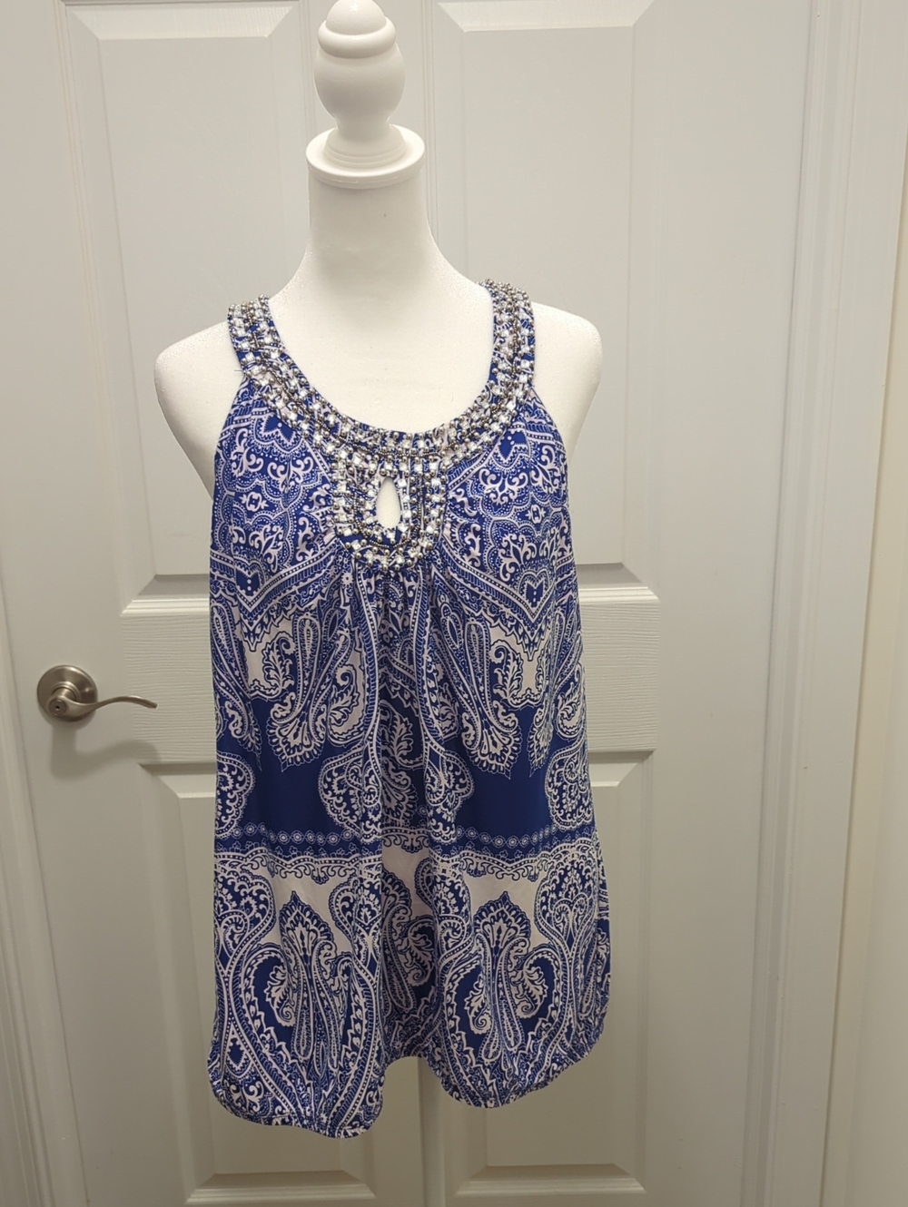 INC International Concepts Blue Paisley Beaded Neck Tank